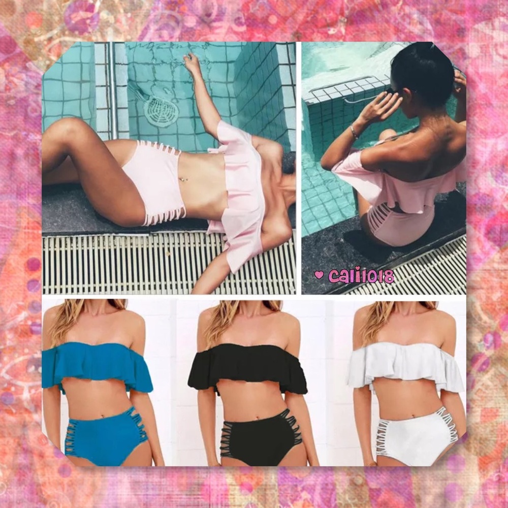 JUST IN🆕Pink Ruffle Off Shoulder Retro Swimsuit - Picture 5 of 7
