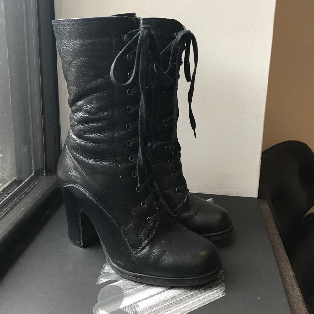 Topshop black leather heeled punk rock combat boot