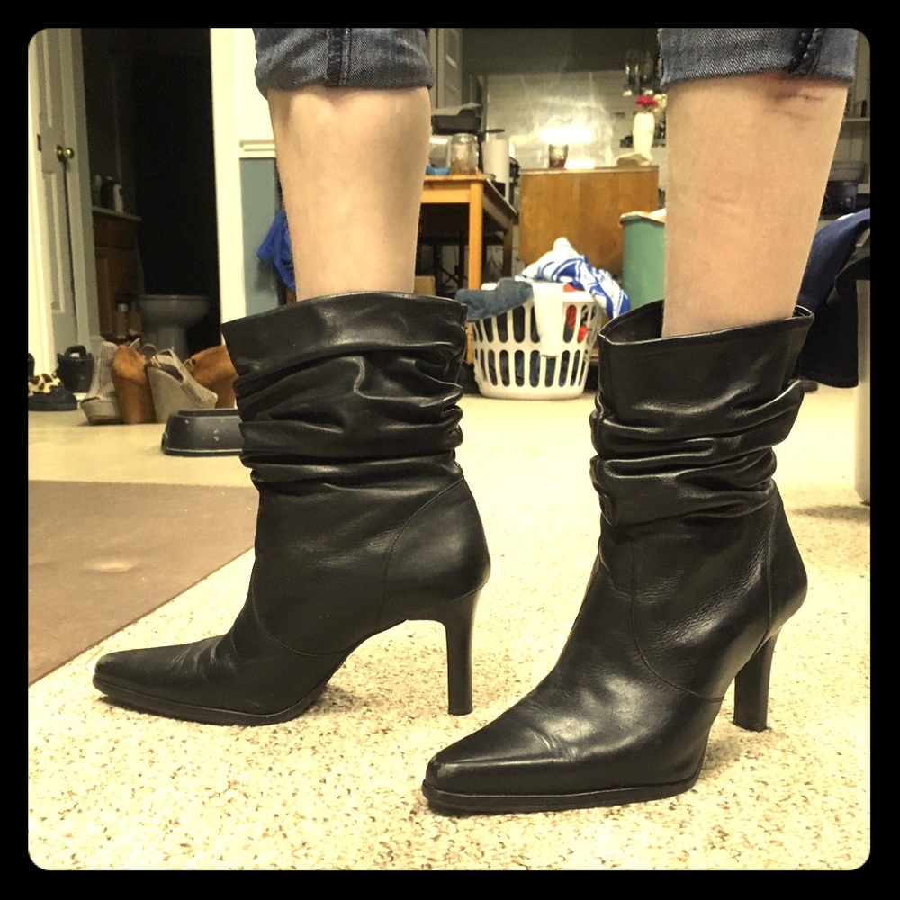 Black Leather Ruched Heeled Ankle Boots