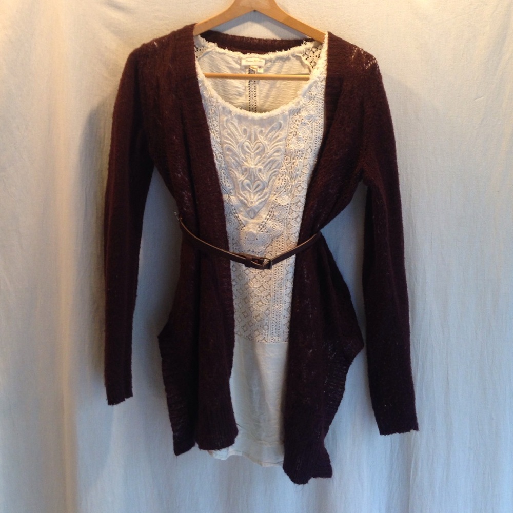 Beautiful deep maroon crocheted Open Cardigan