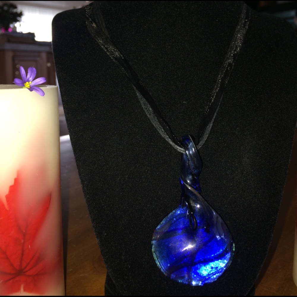 22-24" Black Ribbon Necklace & Blue Glass Pendant