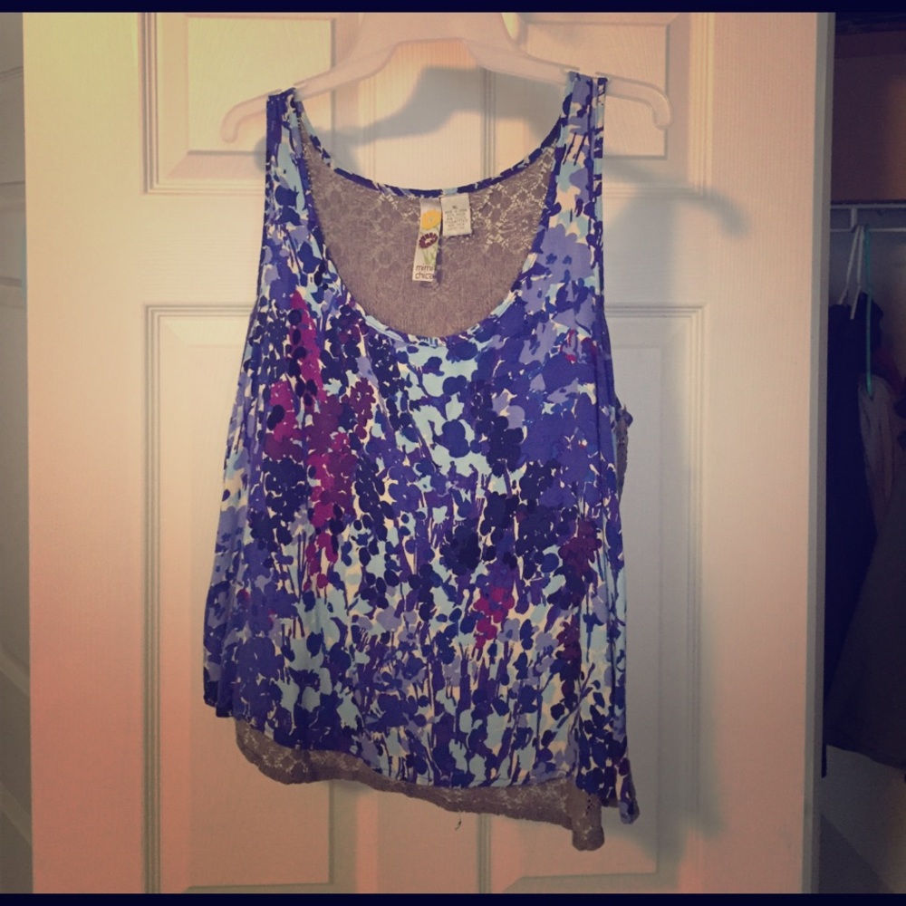 Blue flowered tank with grey lace back