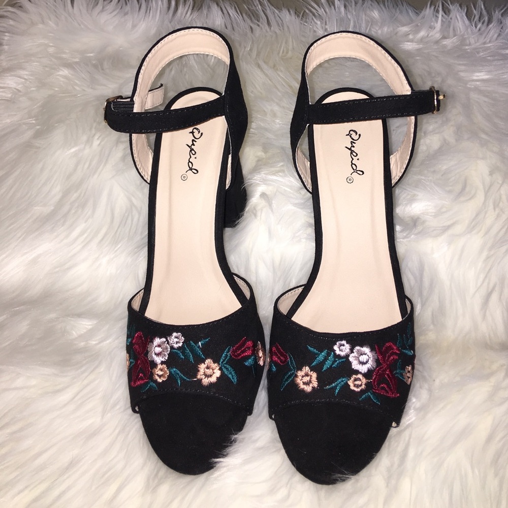 Qupid Velvet Embroidered Heels