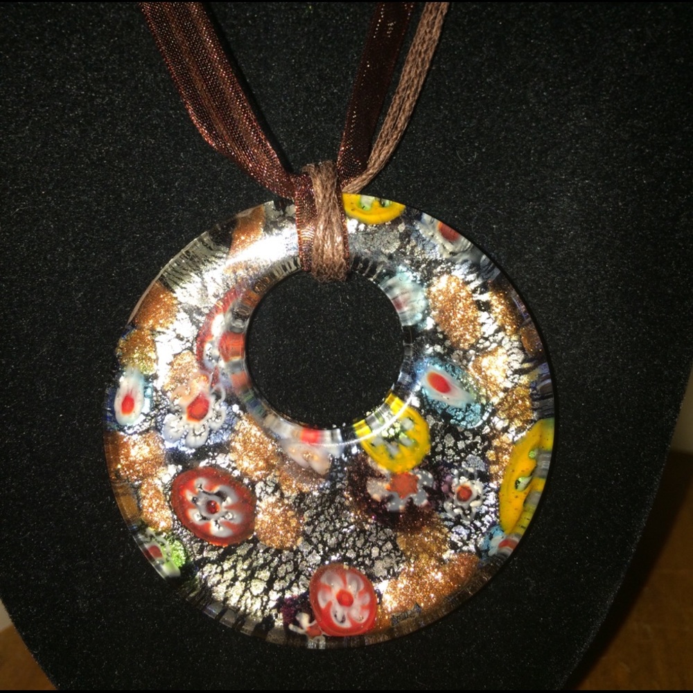 Brown Ribbon Necklace with Round Glass Pendant