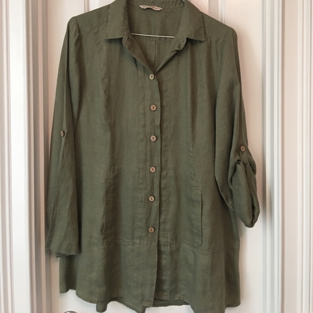 Soft Surroundings 100% Olive Linen Swing Top
