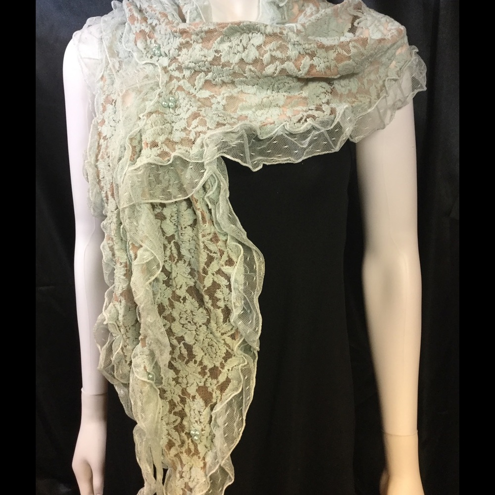Mint Green and Brown Ruffled Lace Scarf