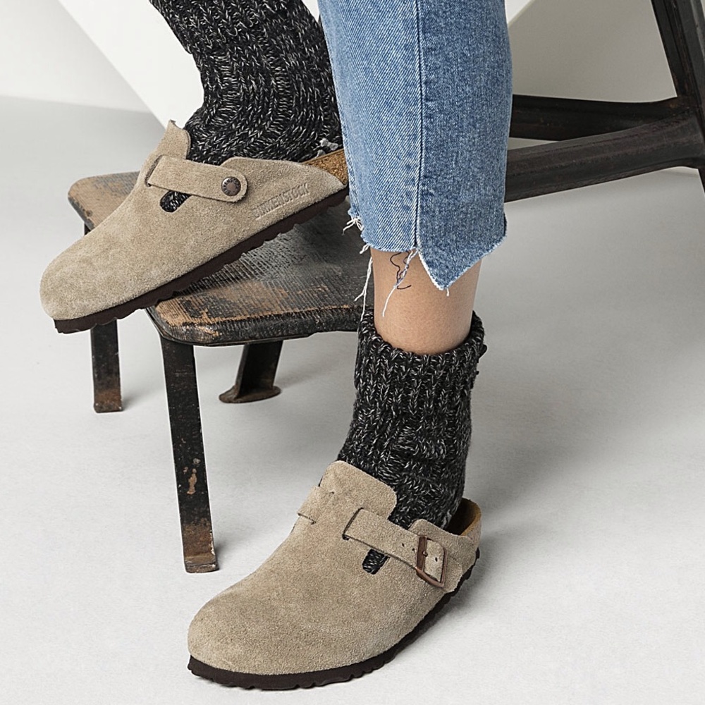 BIRKENSTOCK Boston Taupe Suede Clogs