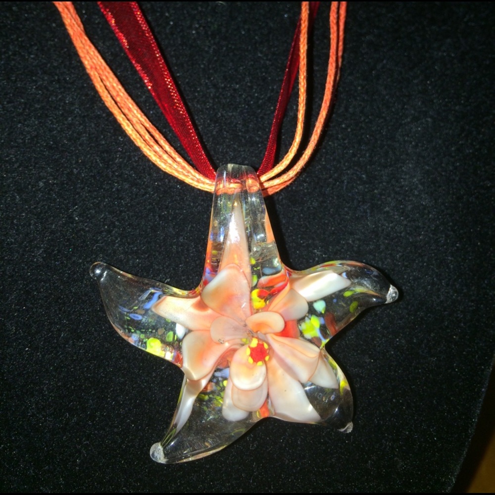 Ribbon Necklace with Orange Glass Flower 🌷