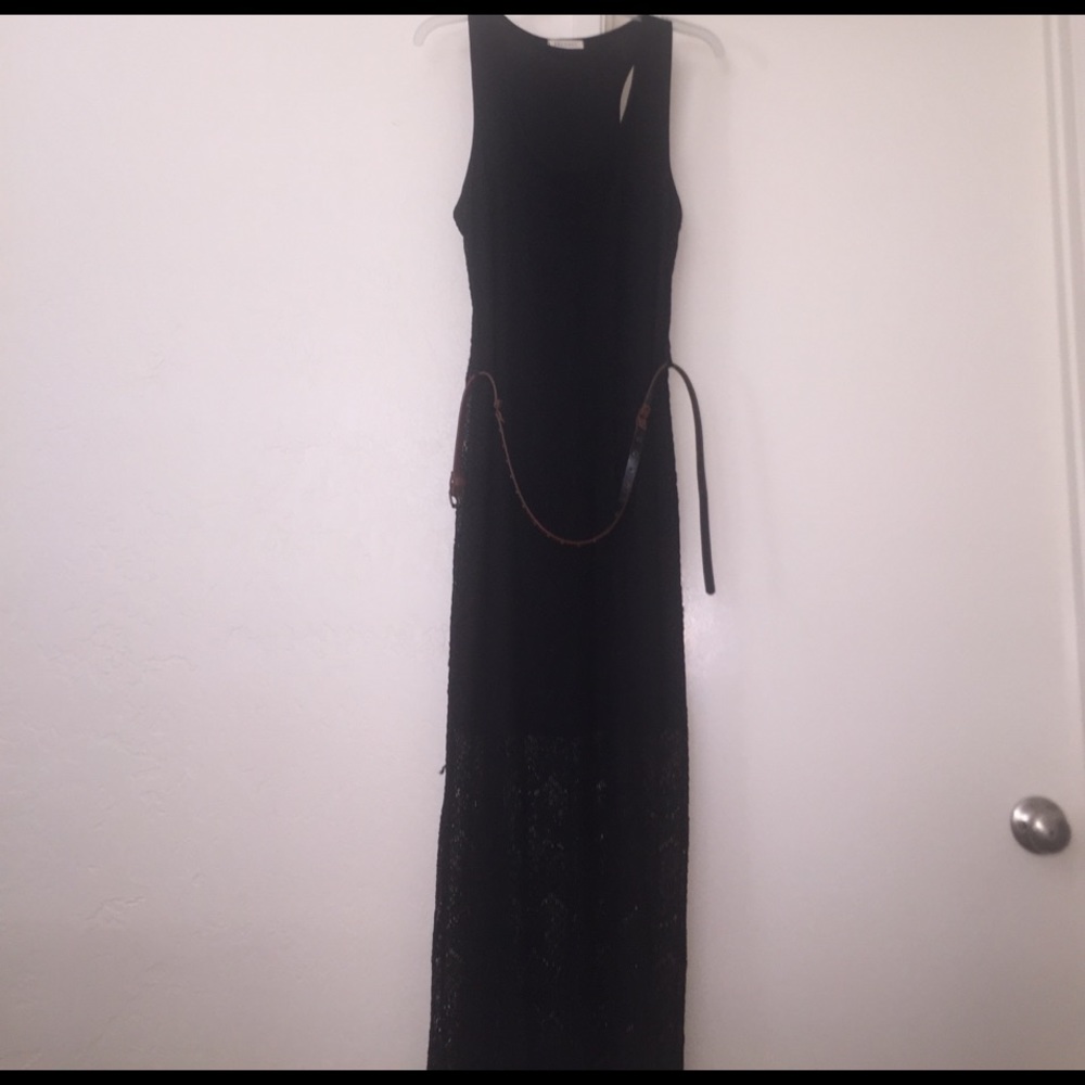 Black lace maxi dress with belt