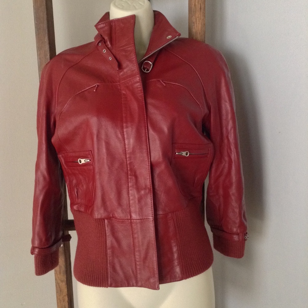 Bebe REAL Red leather bomber jacket vintage