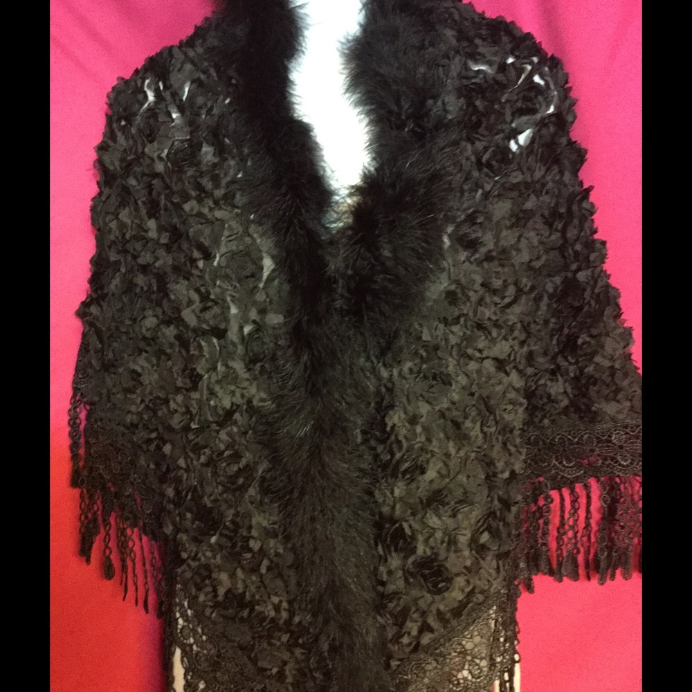 Vintage Style Rose and Feather Black Shawl