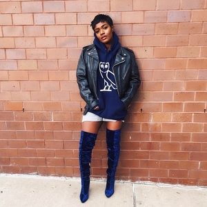 Blue crushed velvet thigh high boots