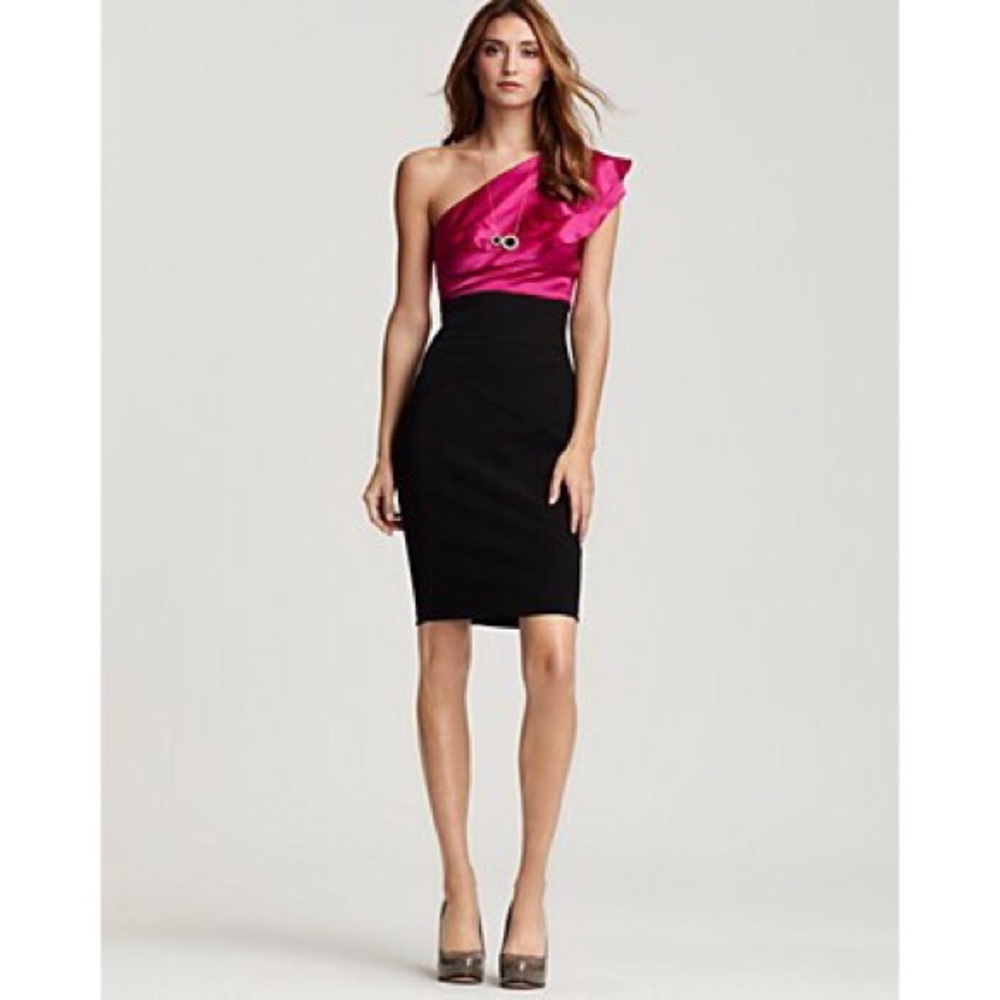 Pink & Black Color Block One Shoulder Dress
