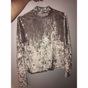 White Crushed Velvet Long Sleeve Mock Neck Shirt