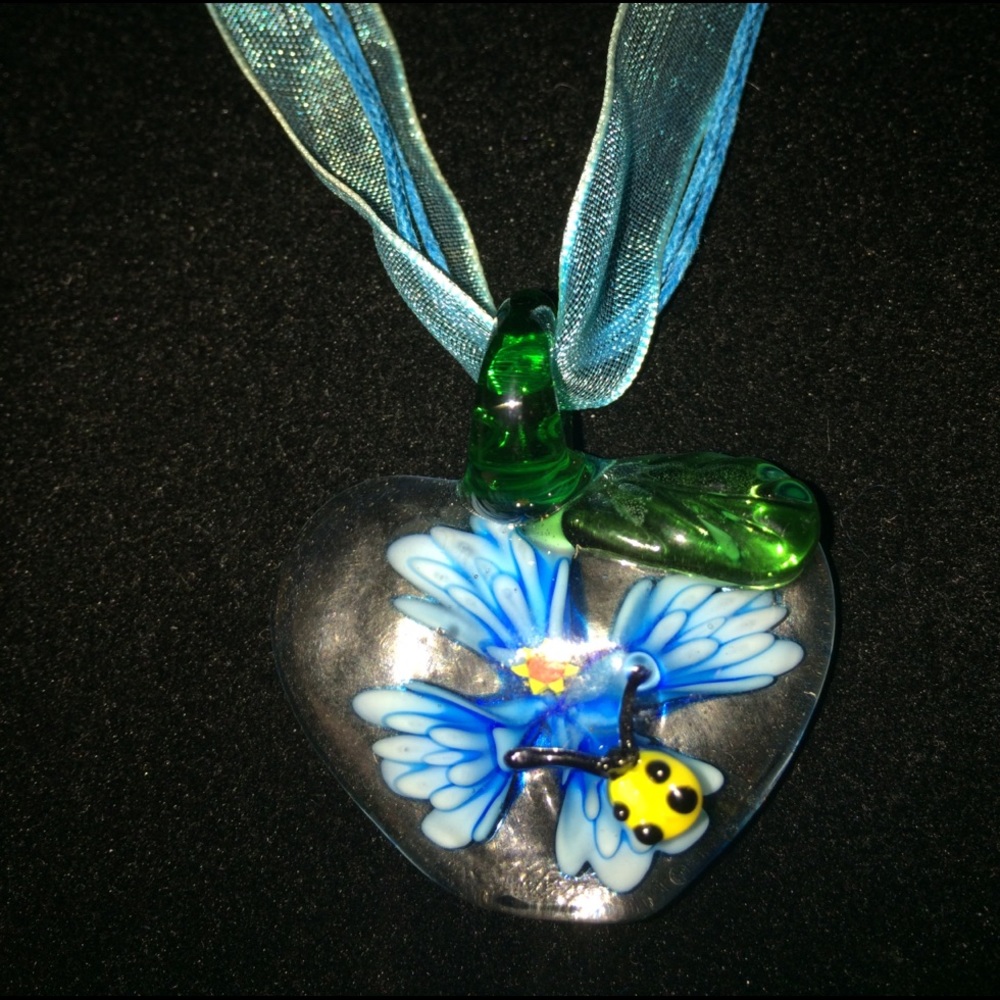 Baby Blue Ribbon Necklace with Glass Heart