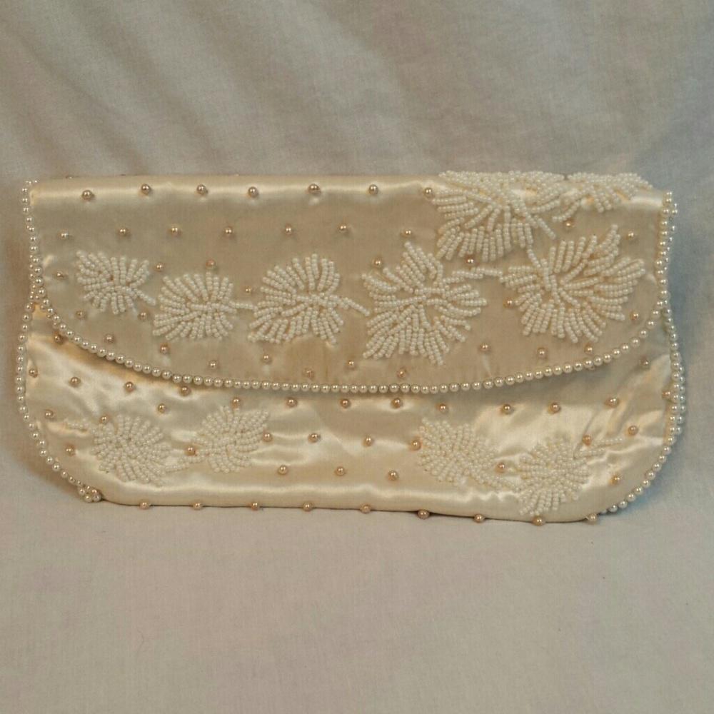 Sharonee Cream Beaded Satin Evening Clutch