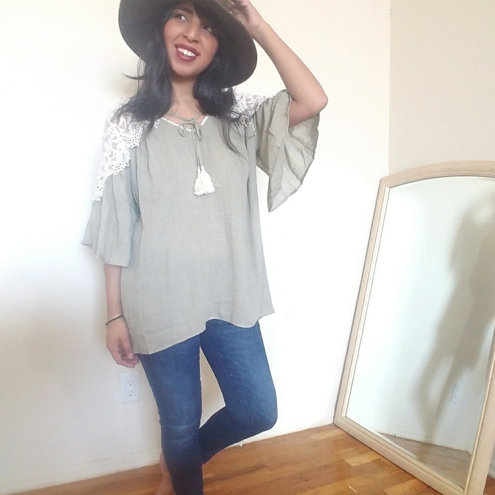 🆕LIGHT OLIVE CREAM LACE TUNIC TOP - Picture 3 of 5