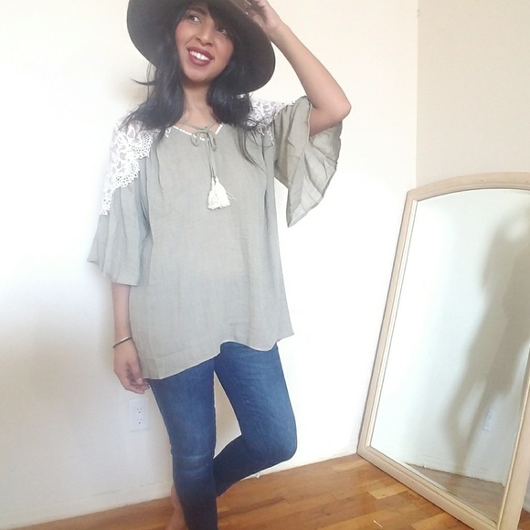 🆕LIGHT OLIVE CREAM LACE TUNIC TOP - Picture 3 of 5