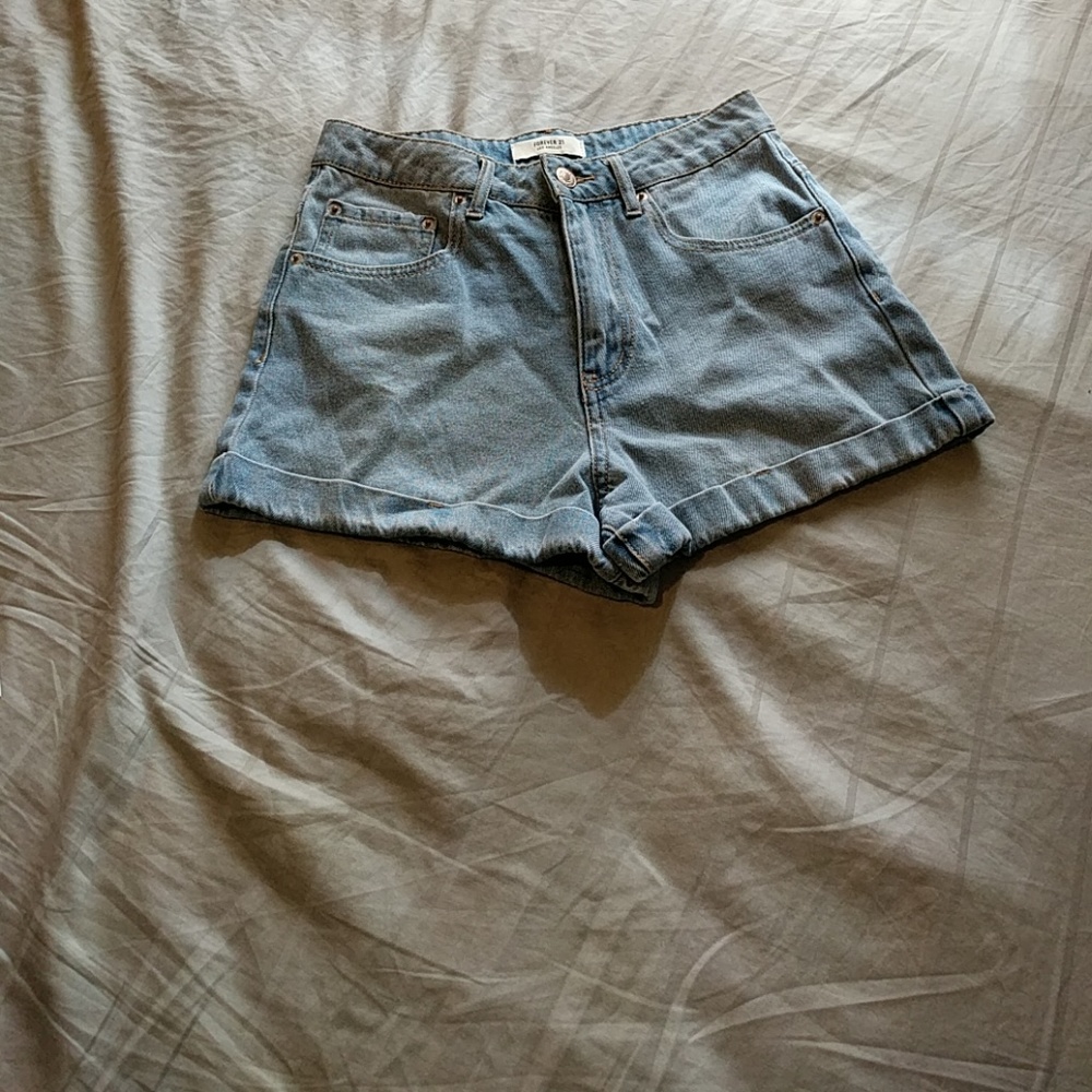 High rise, light blue denim shorts