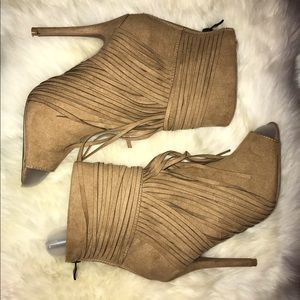 Tan Fringe Pumps Open Toe Booties