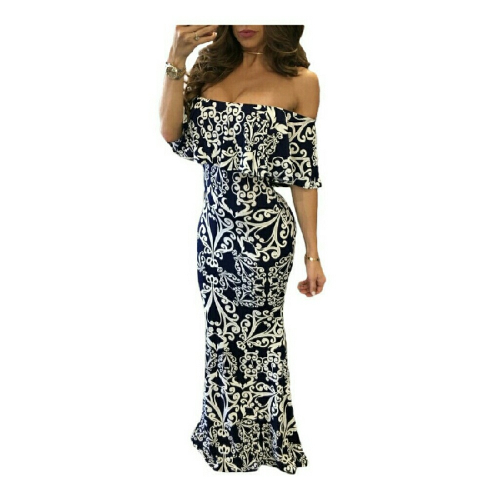 5 Star Dress Boho Paisley Navy/White Off Shoulder