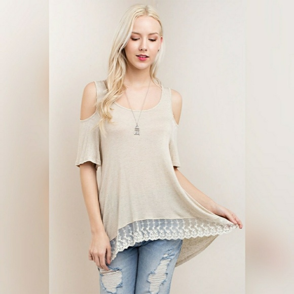 Cold Shoulder Lace Bottom Tee - Picture 3 of 5