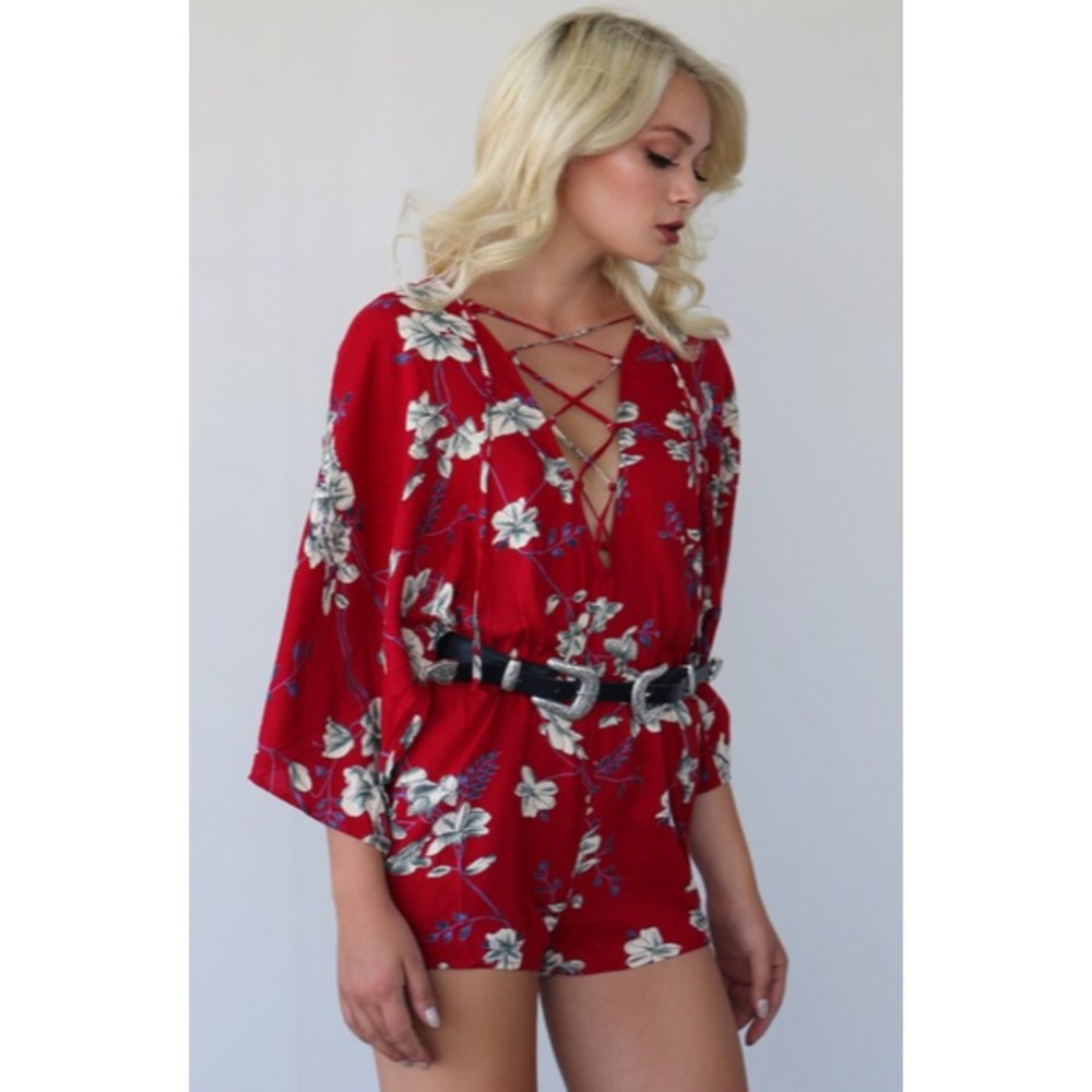 Red Floral Kimono Romper