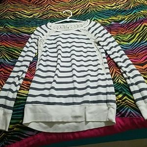 Long Sleeve Gray and White Striped Lace Shirt