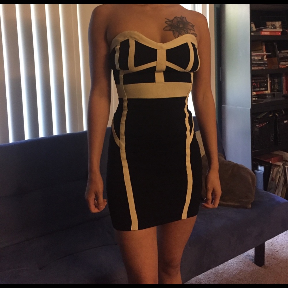 Black and Cream Strapless Bodycon Dress by Fora
