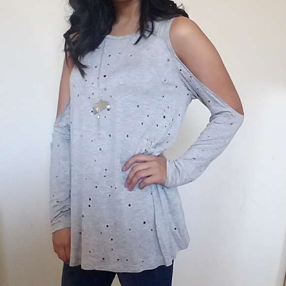 🍁BOGO🍁GRAY PERFORATED COLD SHOULDER TOP - Picture 6 of 6