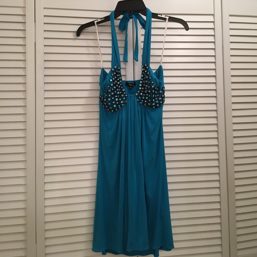 Sky blue halter dress.