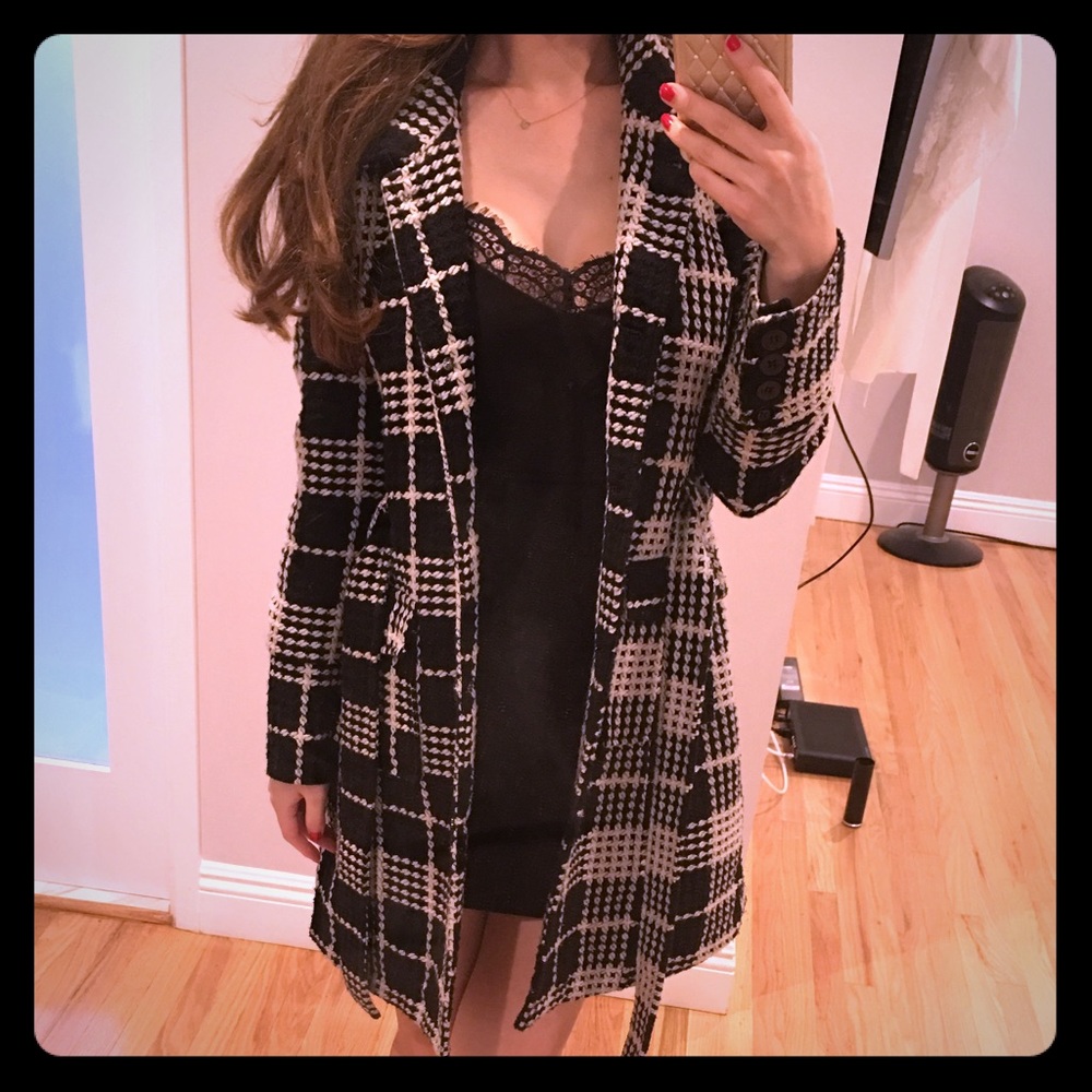 Black and white tweed striped coat jacket small