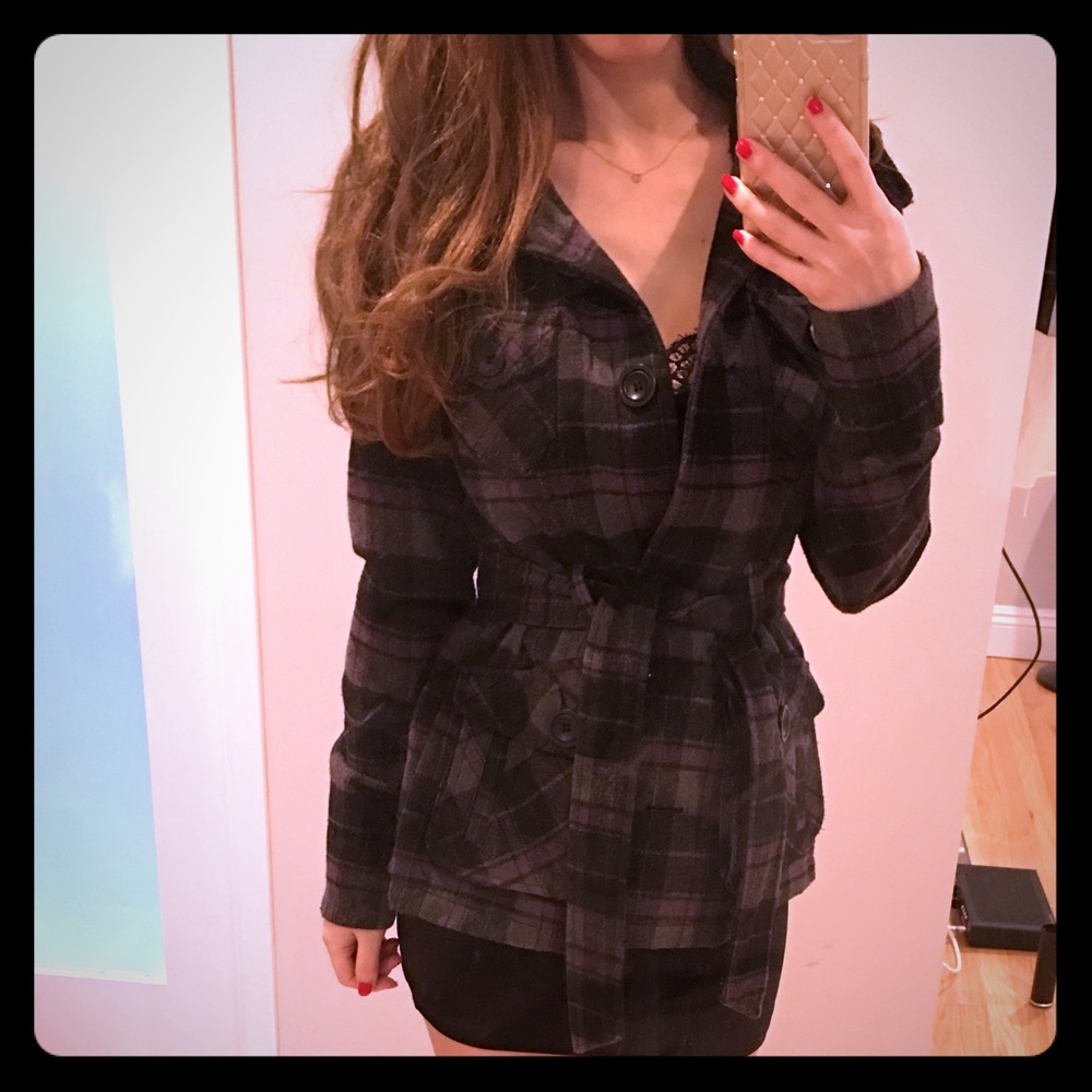 Plaid gray purple charcoal striped jacket sash xs