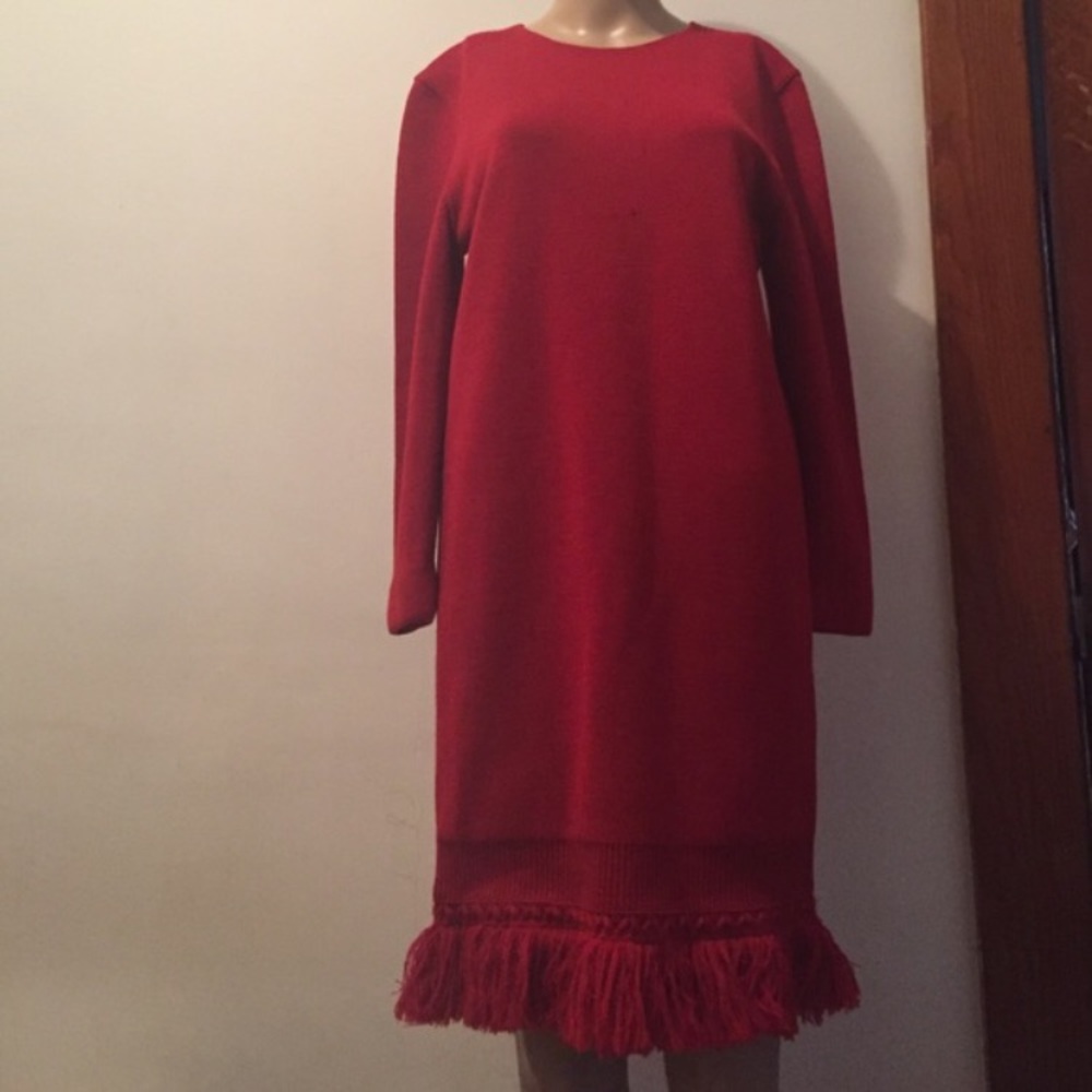 Vintage Fringe Red Sweater Dress SZ S Long Sleeve