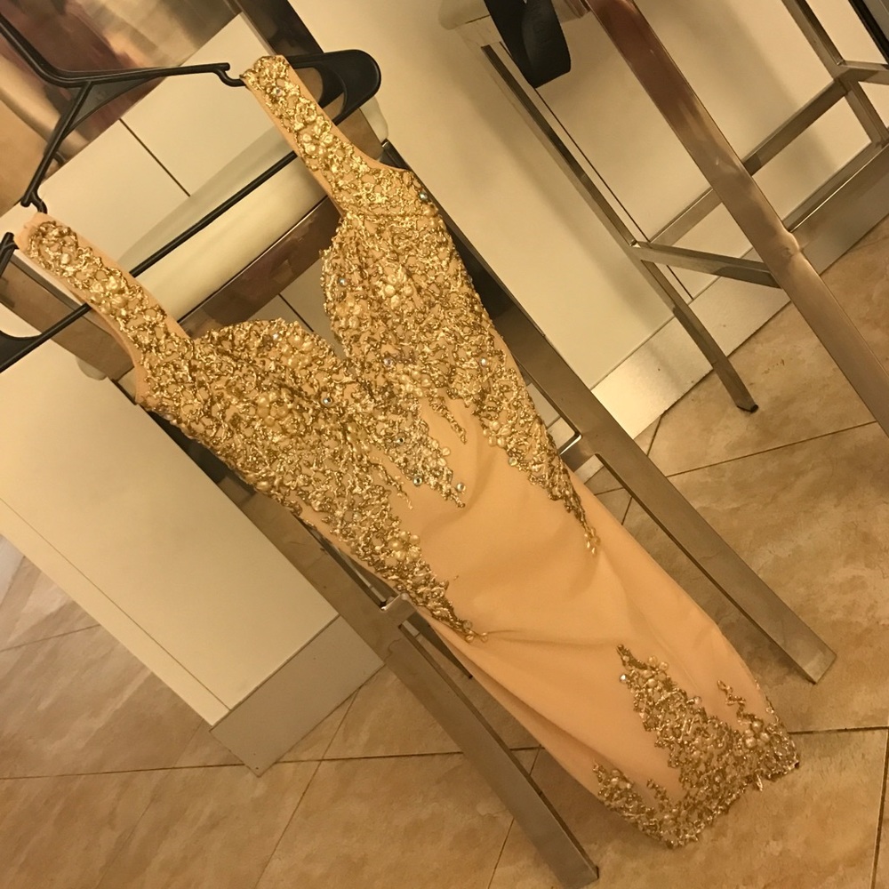 Holt Miami tan dress with gold embellishments