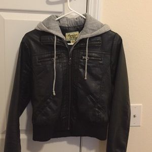 Leather hooded jacket