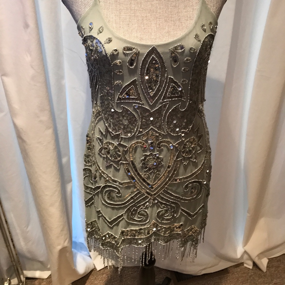 Size 10 Light Green Beaded Mini Gatsby Dress