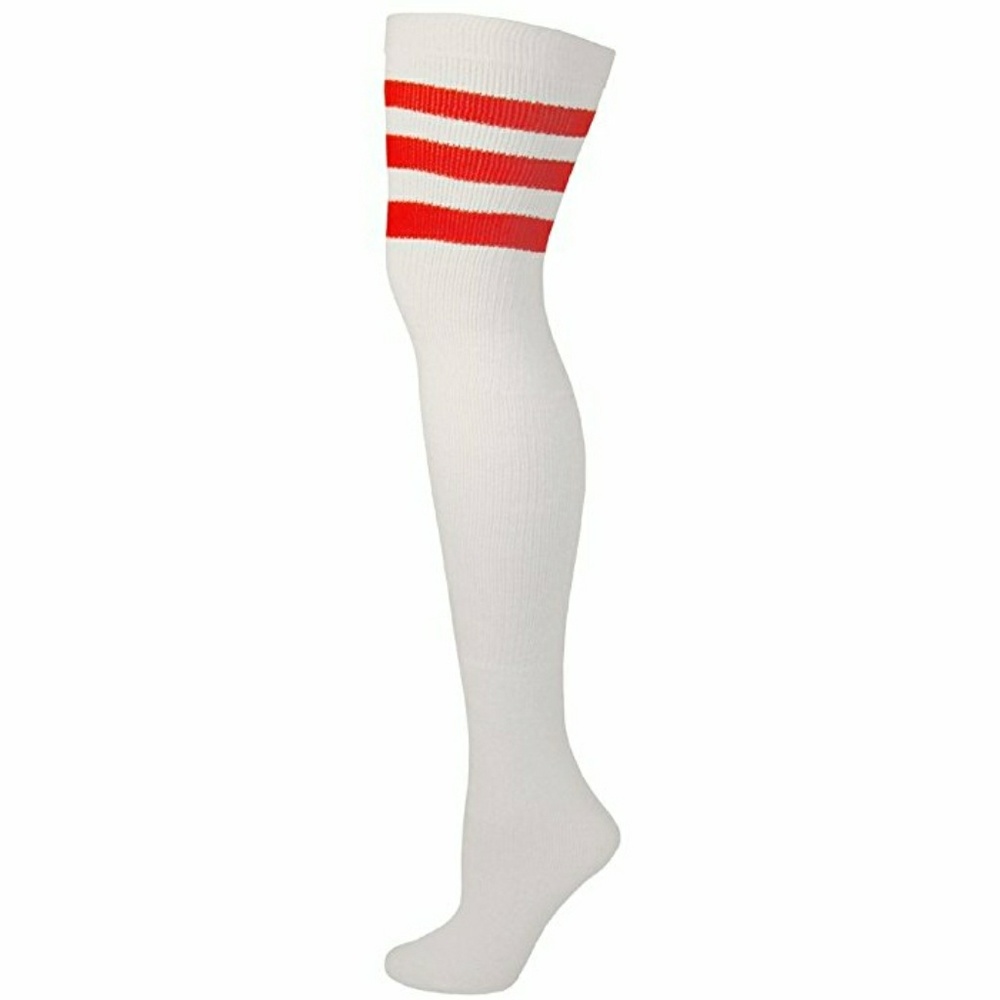 Tall White Thigh High Socks w Red Stripe