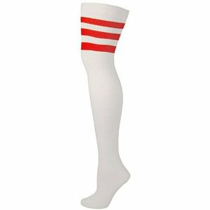 Tall White Thigh High Socks w Red Stripe