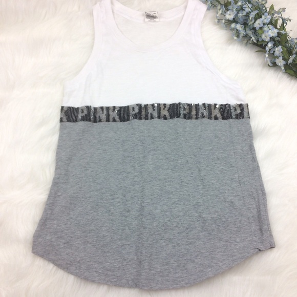 PINK Victoria's Secret Tops - Victoria's Secret PINK white grey bling tank top