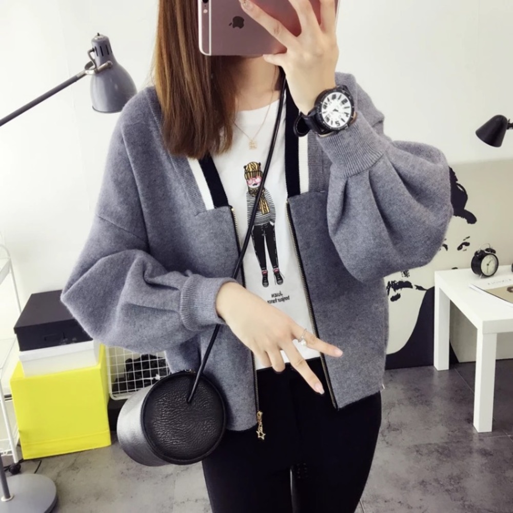 grey V-neck zip up sweater