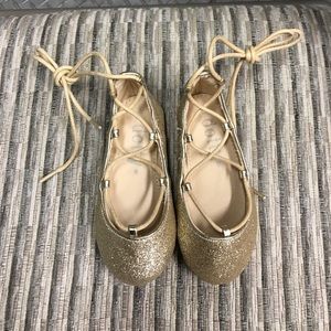 Gold fine glitter ballet flat lace up