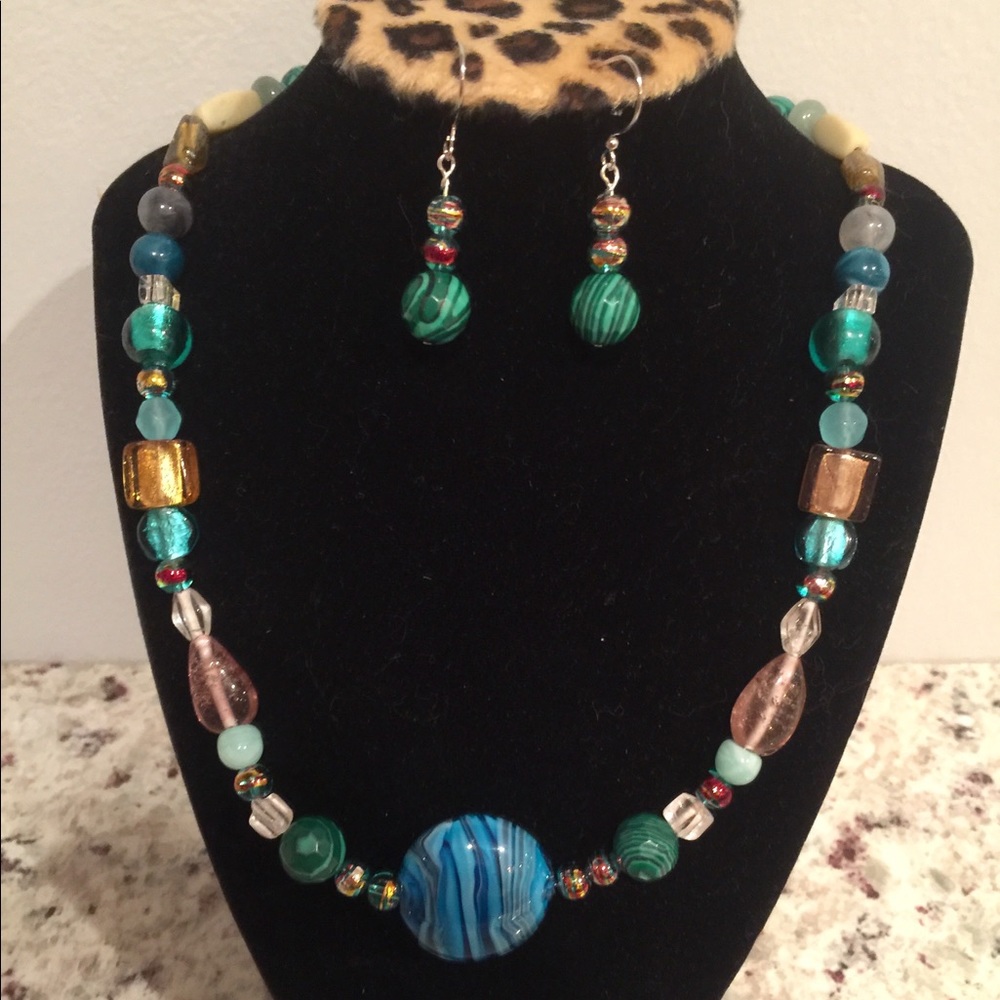 Artisan glass necklace and earring set