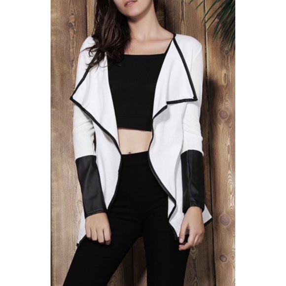 Sweaters - white & black faux leather cardigan