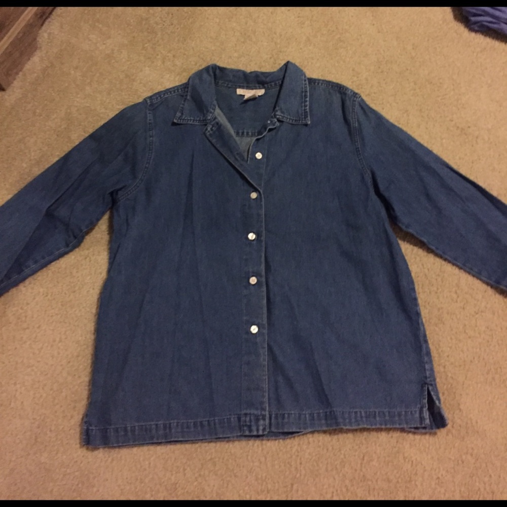 Cherokee blue jean button up shirt.