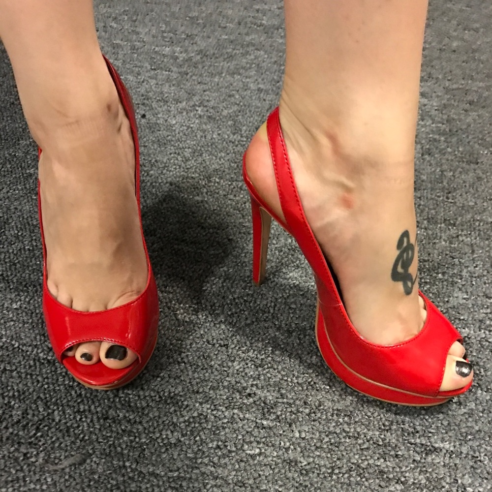Red patent leather platform heels