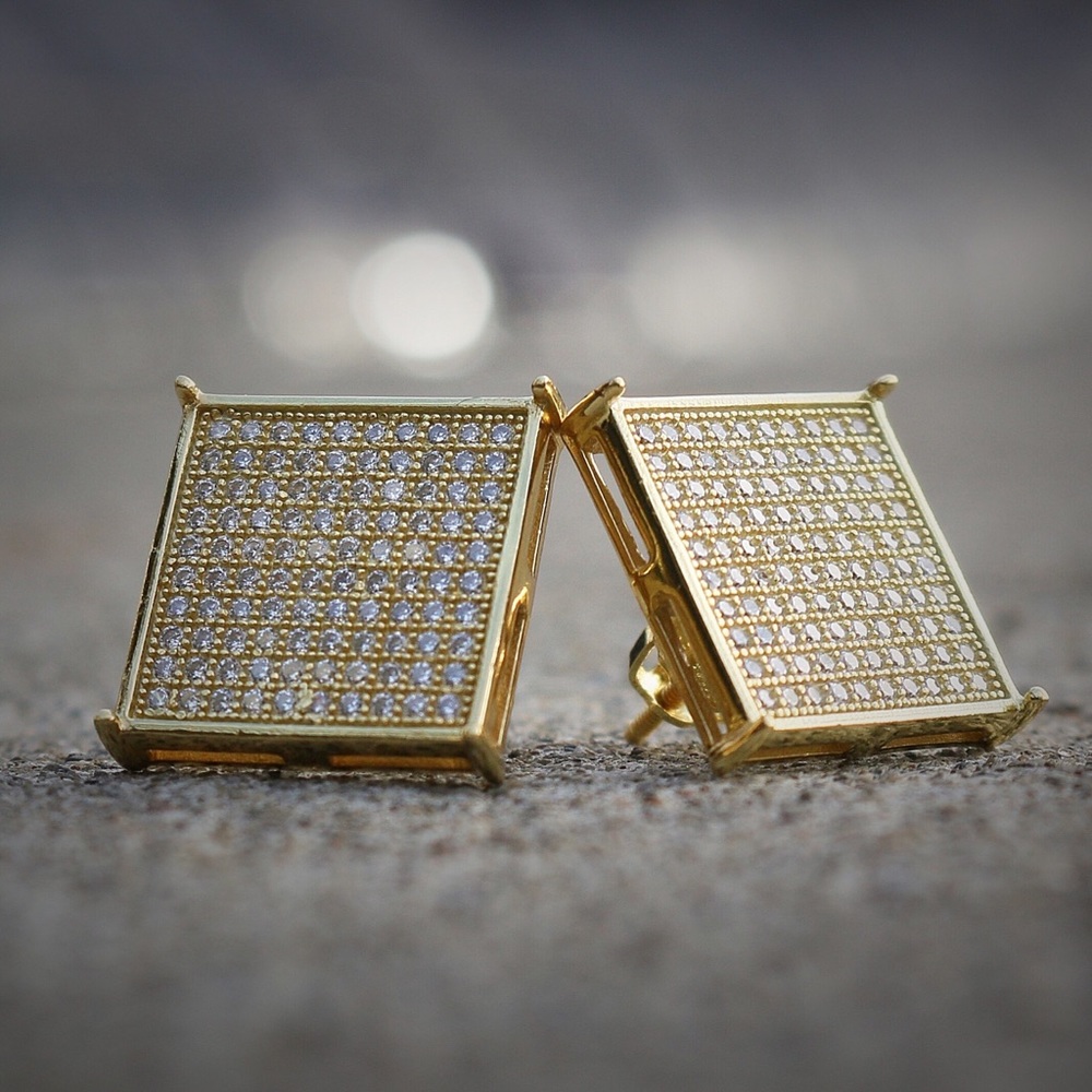 Mens 14K Gold Large Square Flat Screen Earrings