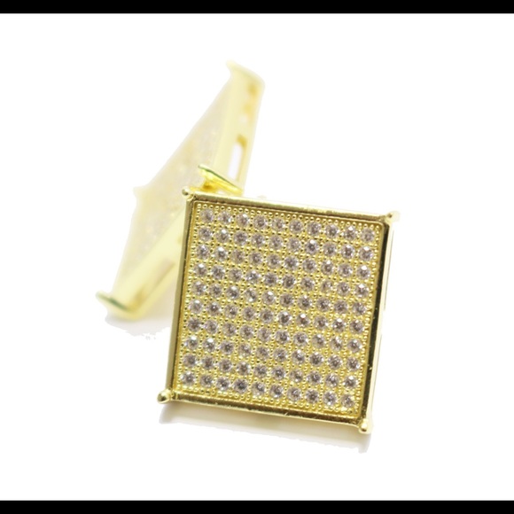 Mens 14K Gold Large Square Flat Screen Earrings - Picture 2 of 4