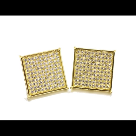 Mens 14K Gold Large Square Flat Screen Earrings - Picture 3 of 4