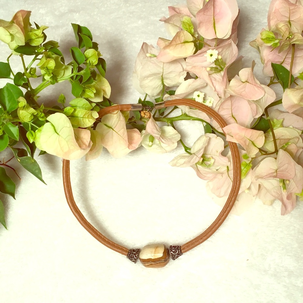 Leather, stone, and metal bead choker!